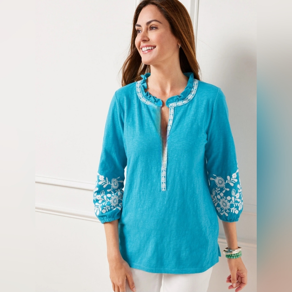 Talbots Caribbean Blue Embroidered Top Tunic Shirt Size L Cotton